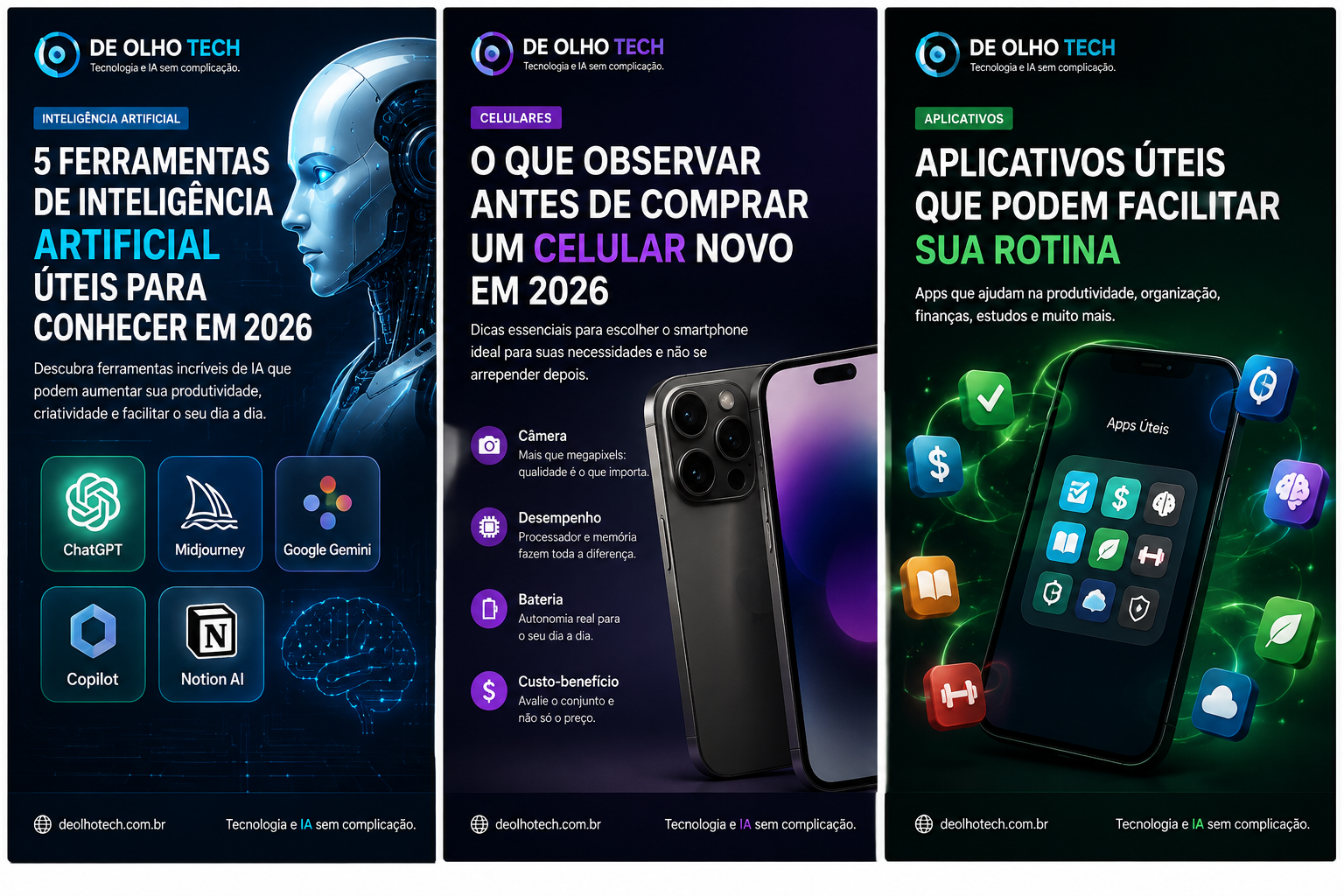 Arte do De Olho Tech sobre cinco ferramentas de inteligência artificial em 2026